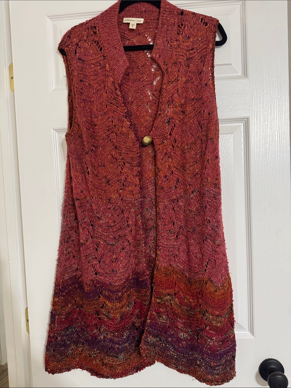 Coldwater Creek Openwork Sleeveless Knit Duster in Rust Multi